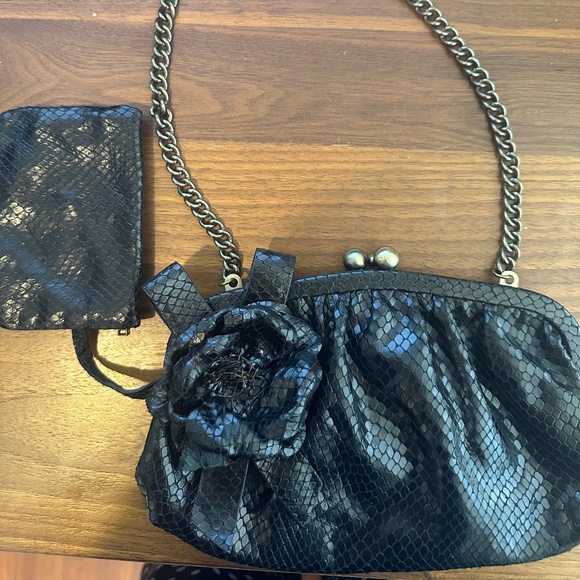 Isabella Fiore Black Snake-Embossed Evening Bag + Matching Pouch - Picture 1 of 13